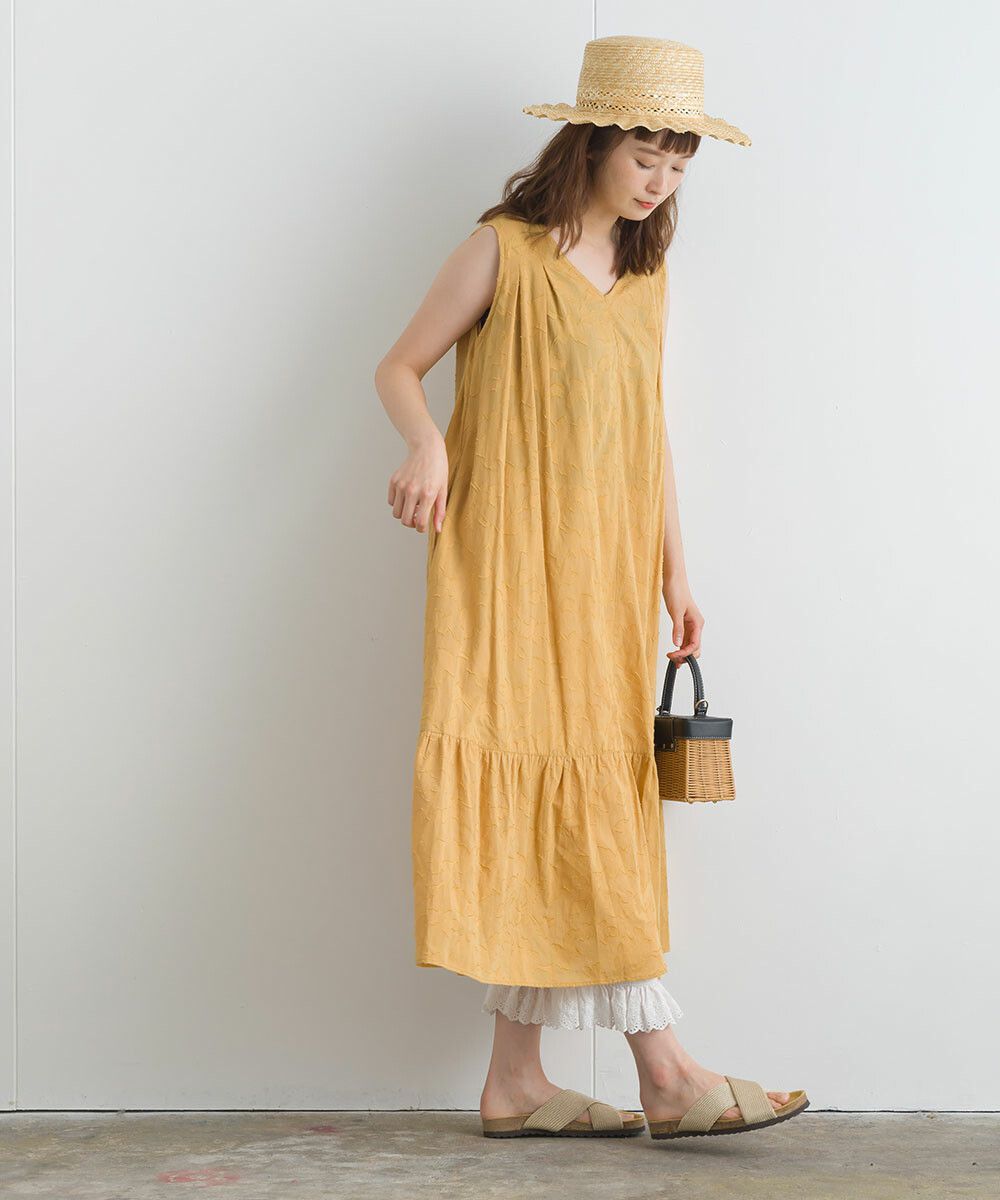 日本女裝代購 - 純棉緹花柔軟無袖洋裝-芥末黃