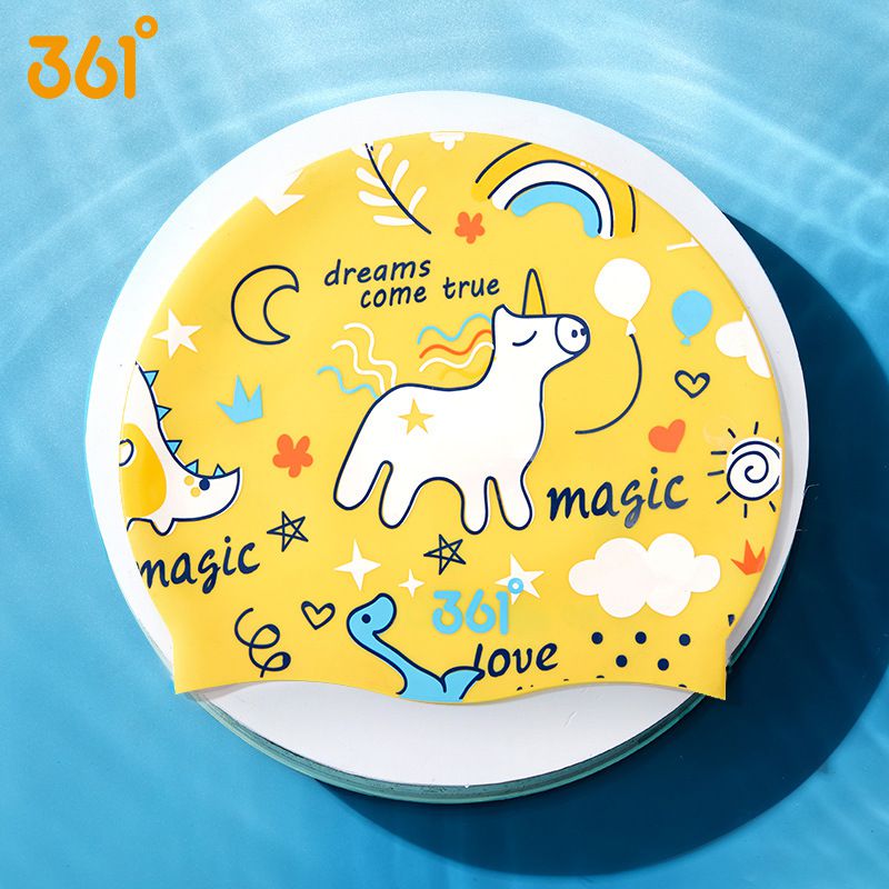 361° - 兒童印花矽膠泳帽-恐龍-深藍色 (頭圍55cm以下)