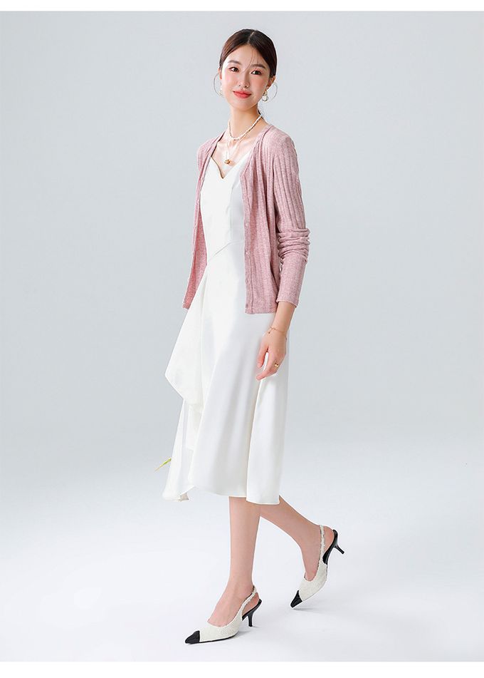 V領坑條紋針織開衫外套/上衣-粉色