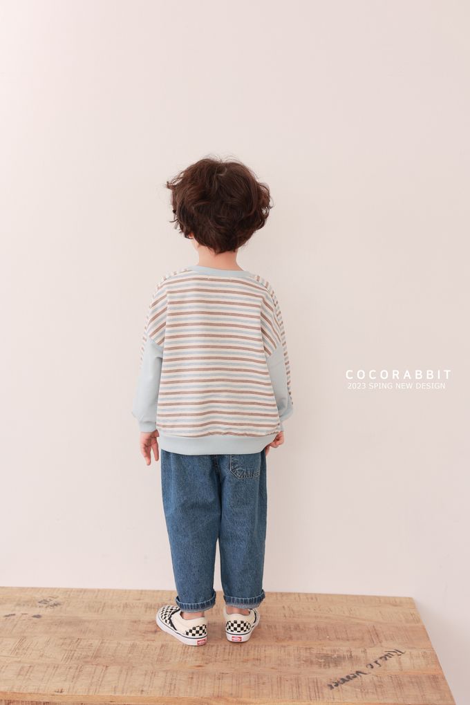 韓國 Coco rabbit - 跳舞小熊橫紋配色長袖上衣-天空藍