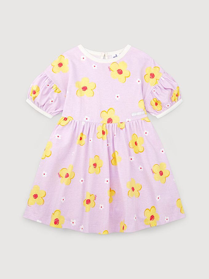 韓國 Jelispoon - 甜心黃花印落肩袖拼接洋裝-象牙白