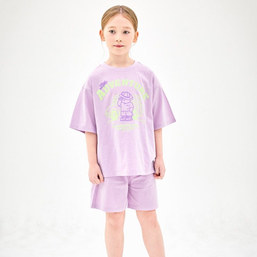 越野車熊熊圖案純棉短袖套裝-薰衣草紫