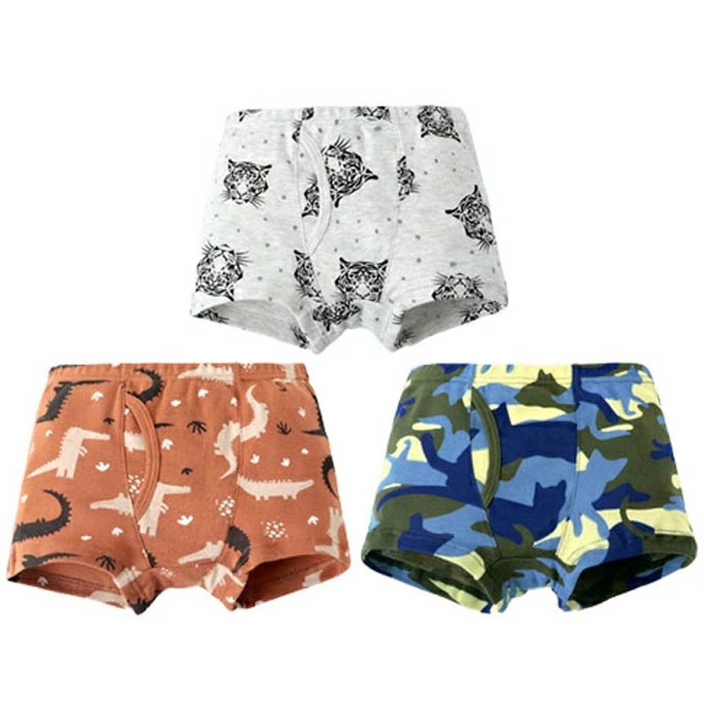 [人氣No.1]純棉透氣男孩內褲(3入)-鱷魚x迷彩x老虎-橘綠灰