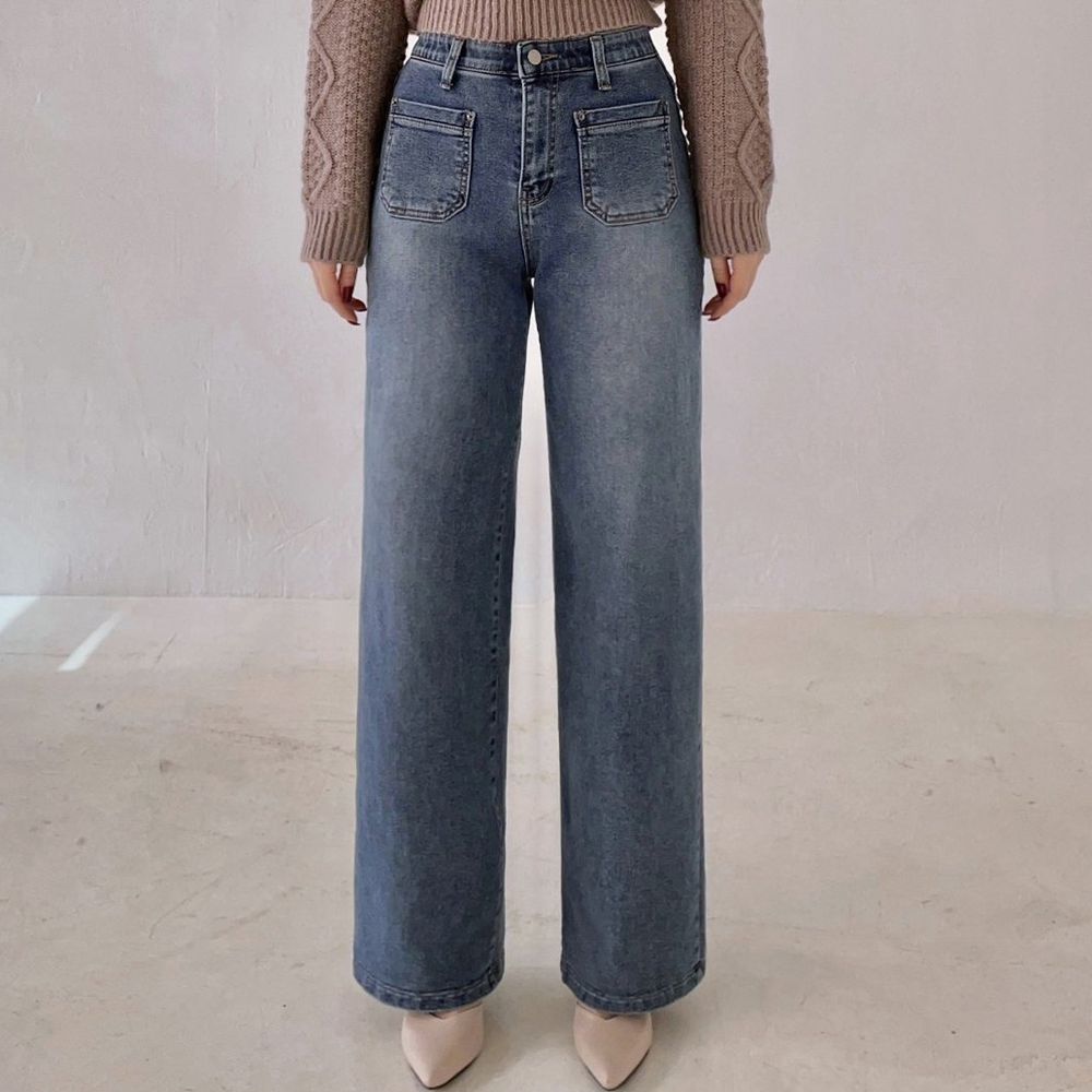 Howluk (內磨毛)彈性腰小口袋直筒丹寧褲-淺花藍