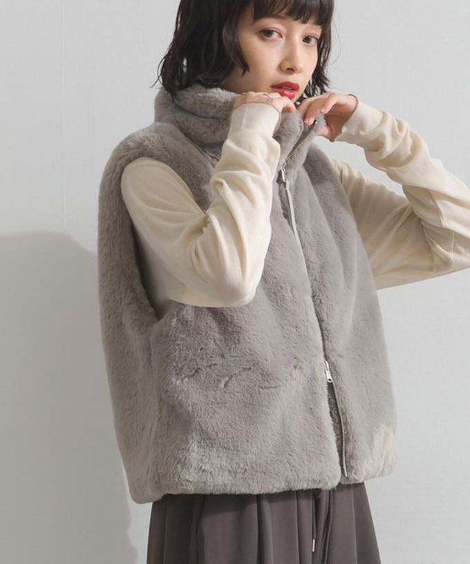 日本 ELENCARE DUE - 柔軟蓬鬆仿毛立領雙拉鍊背心-炭灰