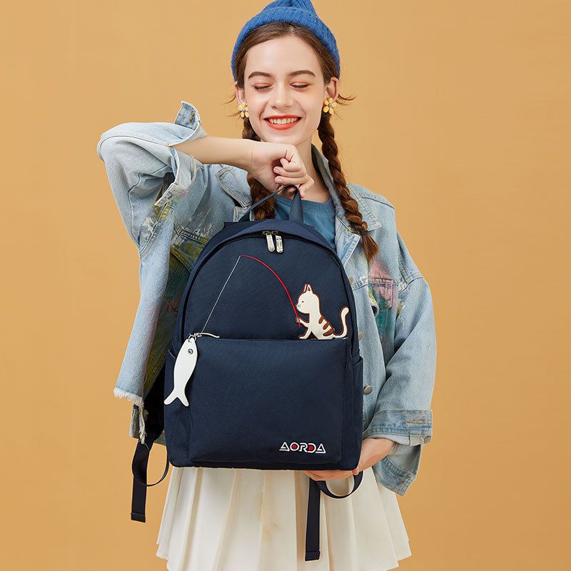 簡約休閒書包-貓咪釣魚-藍色