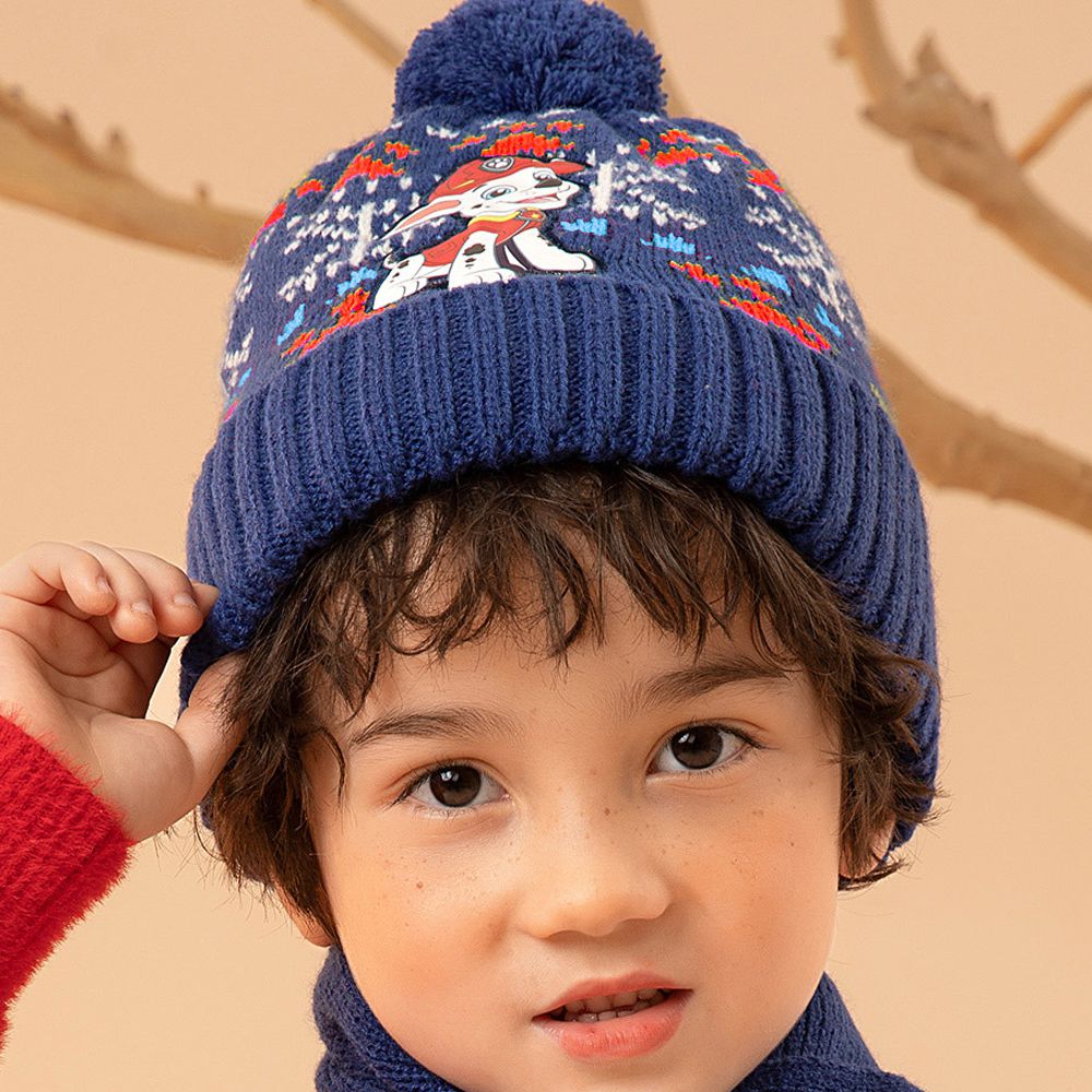 卡通汪汪隊保暖加絨毛球針織帽-卡通人物毛毛-藍色