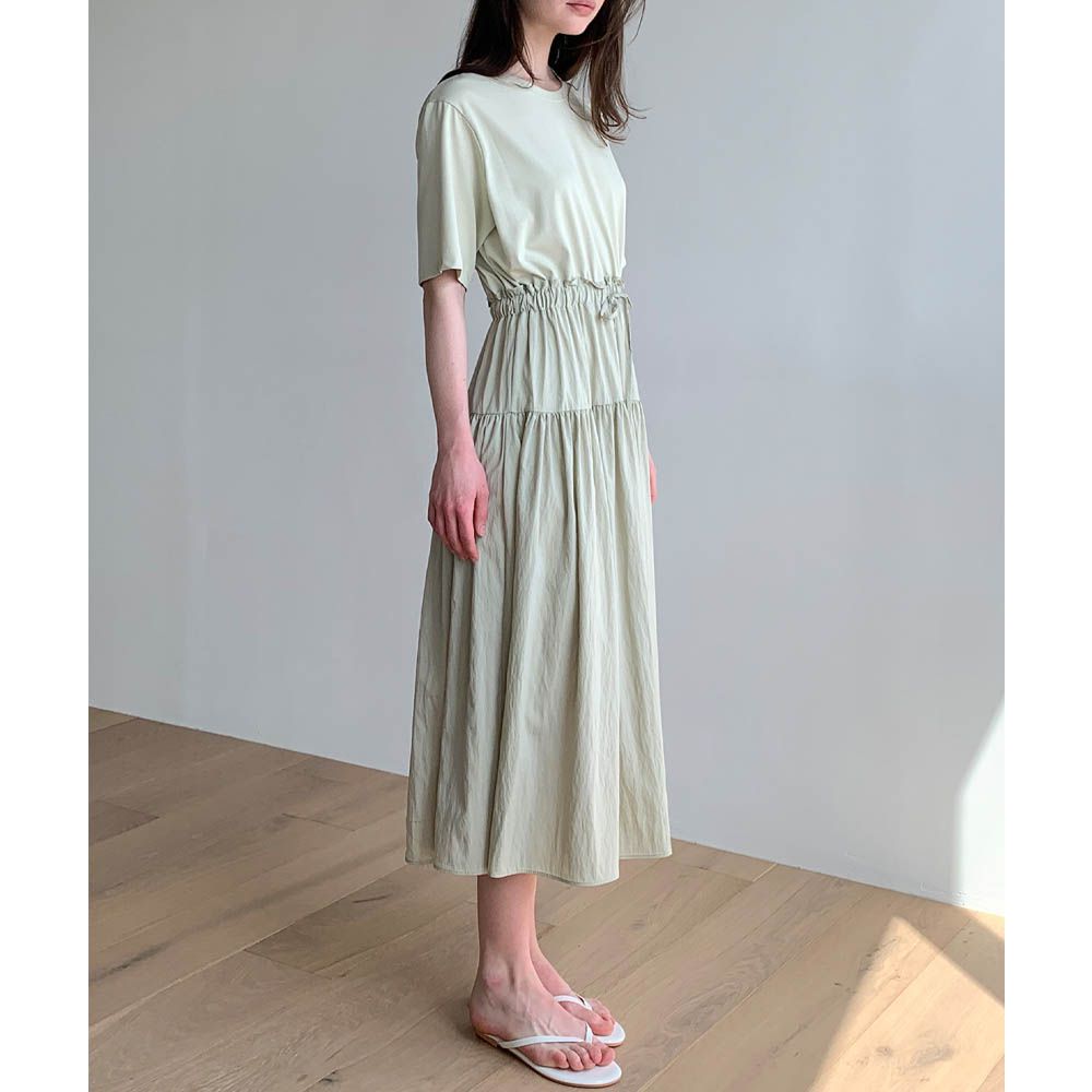 清新感腰線抓褶短袖洋裝-灰綠 (FREE)