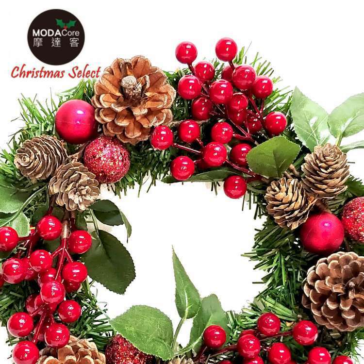 MODACore 摩達客 - 耶誕-台製歐風典雅10吋大地盛宴紅球果松果聖誕花圈_福臨圈(免組裝/台灣設計手工藝製) 本島免運費