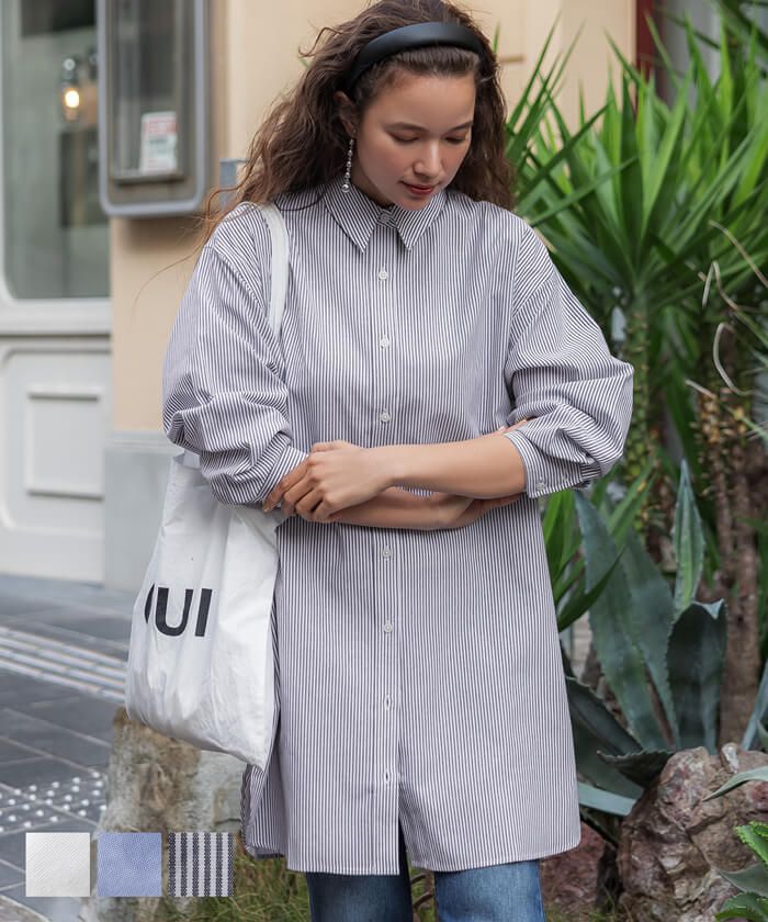 日本 COCA - 簡約落肩翻領長袖襯衫-條紋-水藍