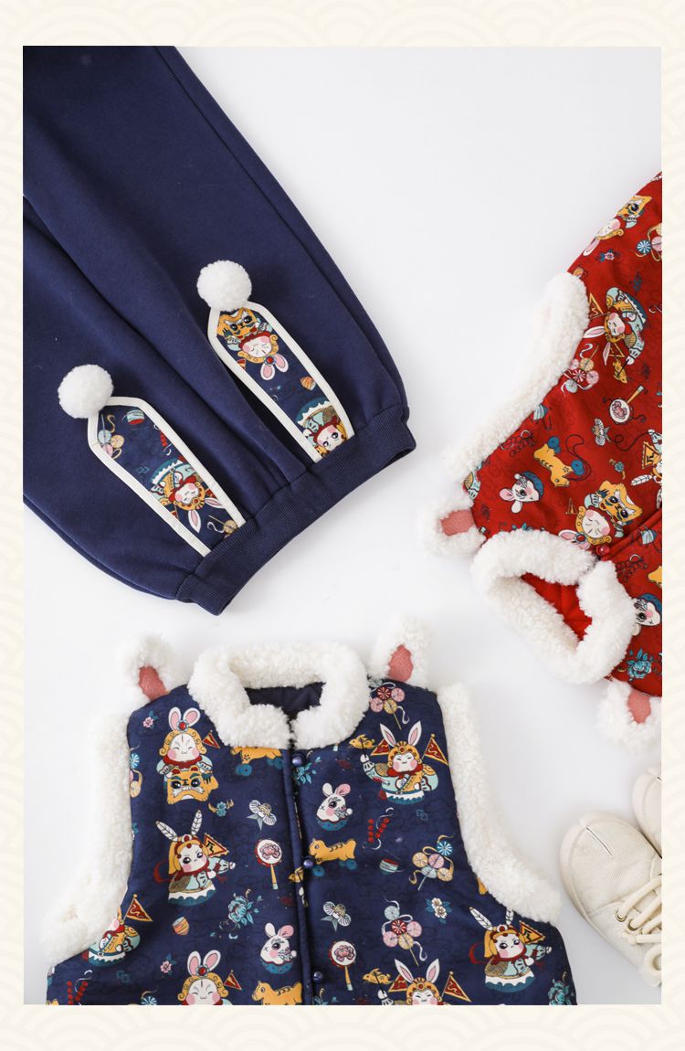 TONGMO - 漢服風加絨喜氣拜年休閒長褲-錦旗兔兔-紅色