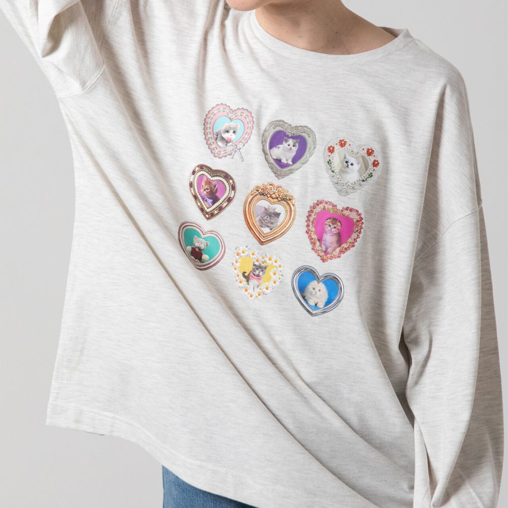 可愛貓咪相框寬版長袖T恤-白