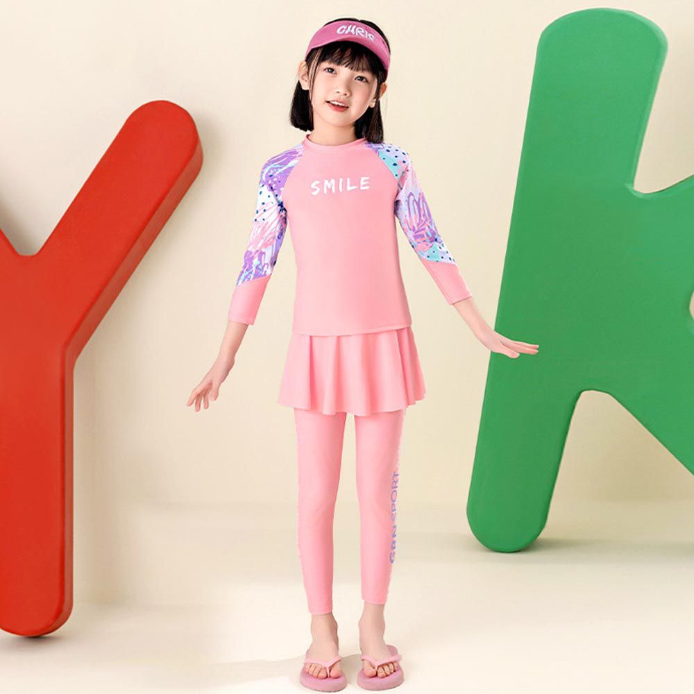 YUKE - 女寶長袖防曬泳裝套裝-夏日印花-粉色
