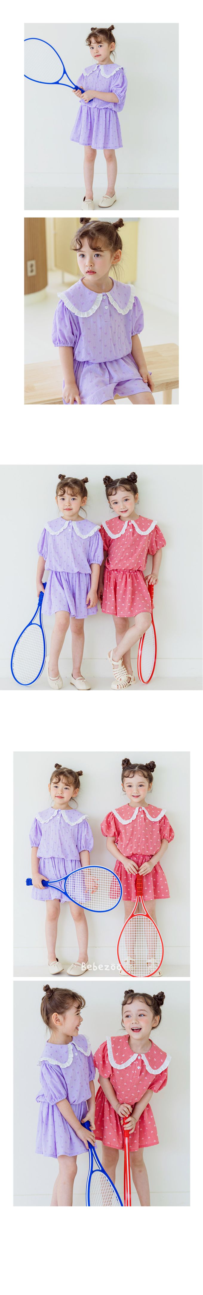 韓國 Bebezoo - 愛心細格荷葉翻領短袖套裝-紫