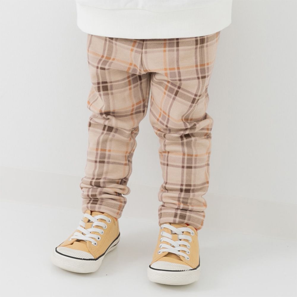 熱銷！刷毛保暖彈力合身長褲-格紋-卡其棕