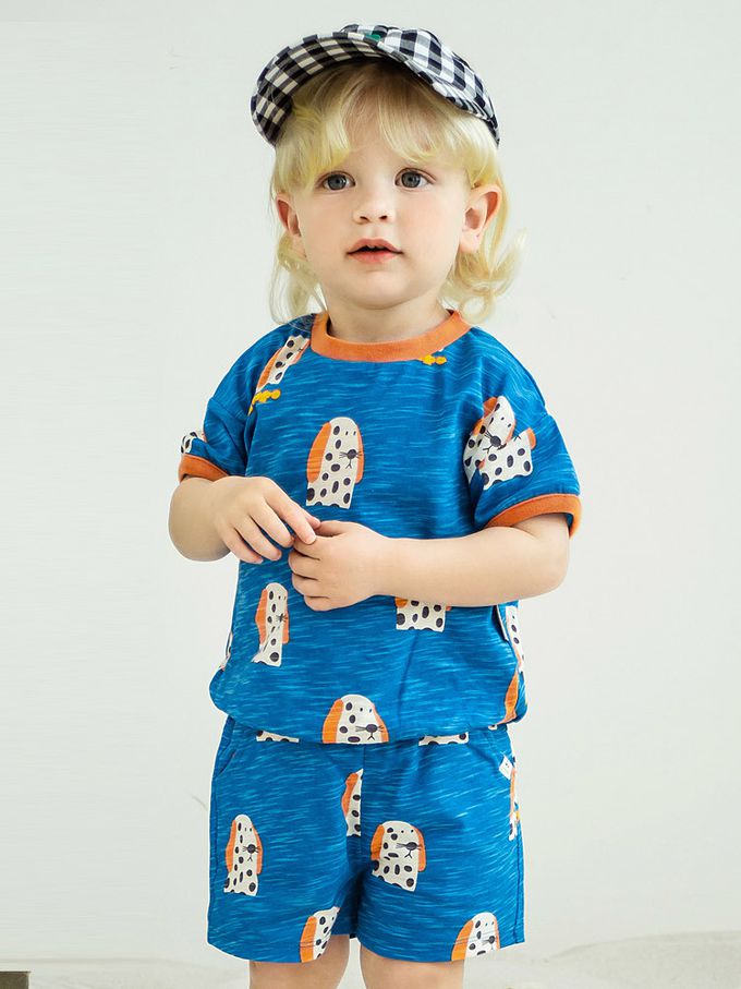 韓國 Pimpollo - 長耳斑點狗狗印短袖套裝-藍X磚紅