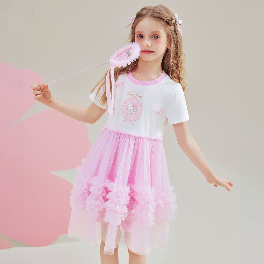 甜美蝴蝶結網紗拼接短袖洋裝-卡通人物Hello Kitty-白x粉