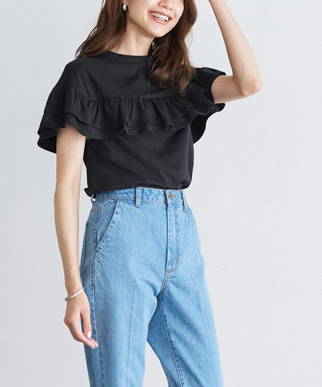 日本 Pierrot - 甜美氣質荷葉滾邊短袖上衣-磚紅橘