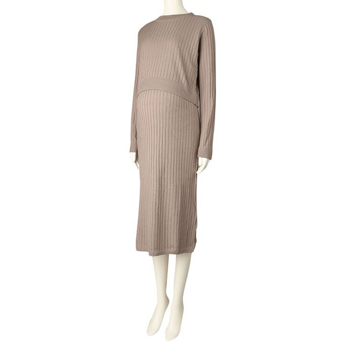 akachan honpo - 長袖羅紋針織洋裝-淺卡其色