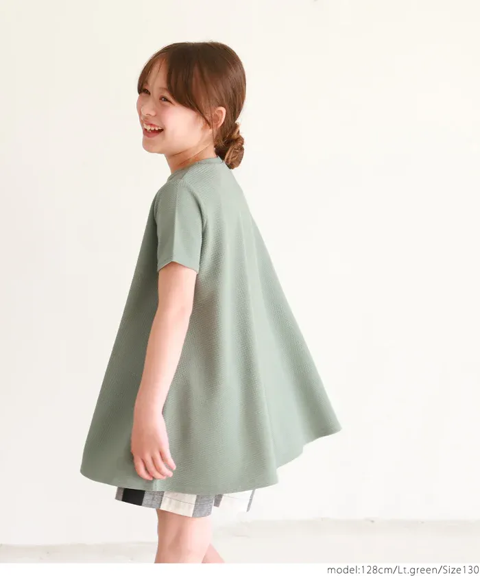 日本 COCA - 速乾彈性 圓領A字剪裁長版短袖上衣-孩子-淺灰