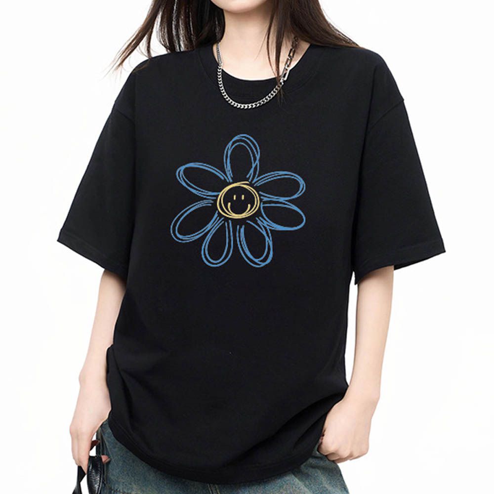 純棉寬版印花T恤-開心花瓣-黑色