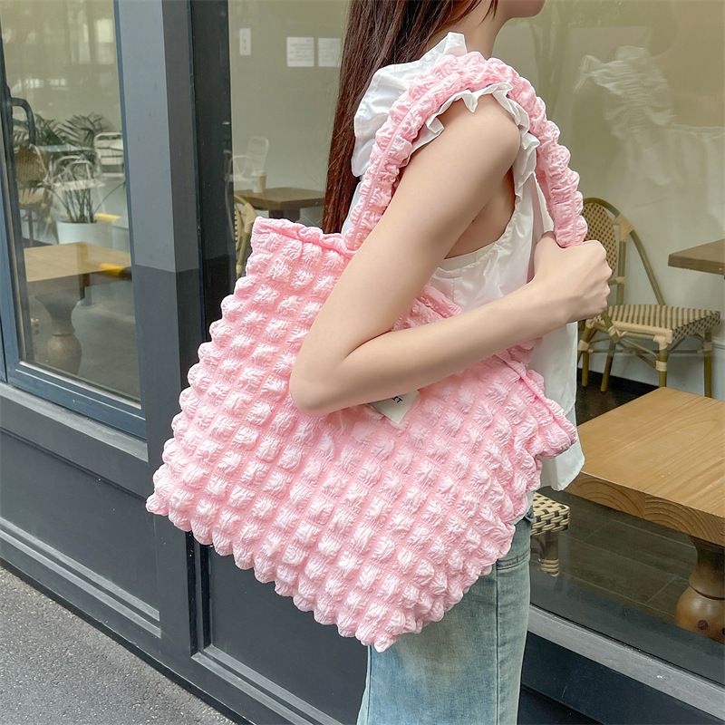 加厚奶油泡泡雲朵手提包/肩背包-米杏色 ((32+24)x40x14cm)