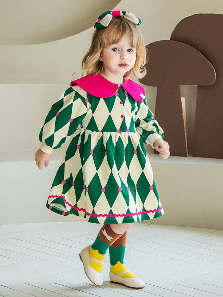 韓國 Pimpollo - 菱格紋撞色翻領洋裝-黃