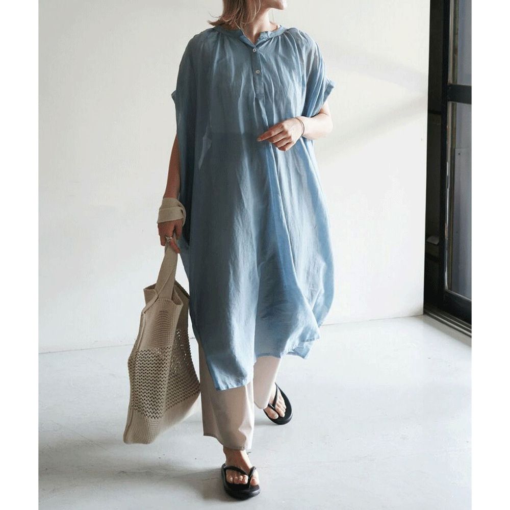 日本 Bou Jeloud - 純棉刺繡設計短袖洋裝-藍