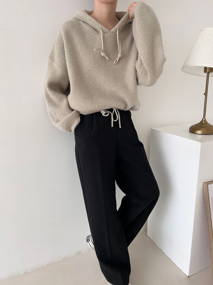 韓國女裝連線 - 連帽抽繩長袖針織上衣-米白 (FREE)