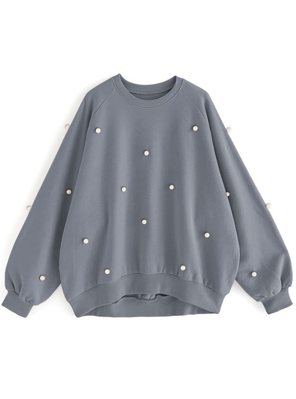 日本 GRL - 圓領磨毛珍珠點綴大學T-灰藍 (F)