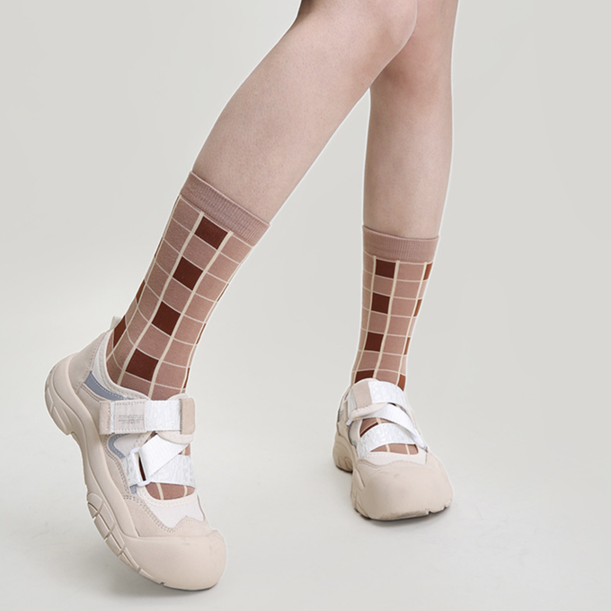 love, charlotte - 拿鐵小熊格子中筒棉襪 (XXL (22~24cm))-3 雙一組