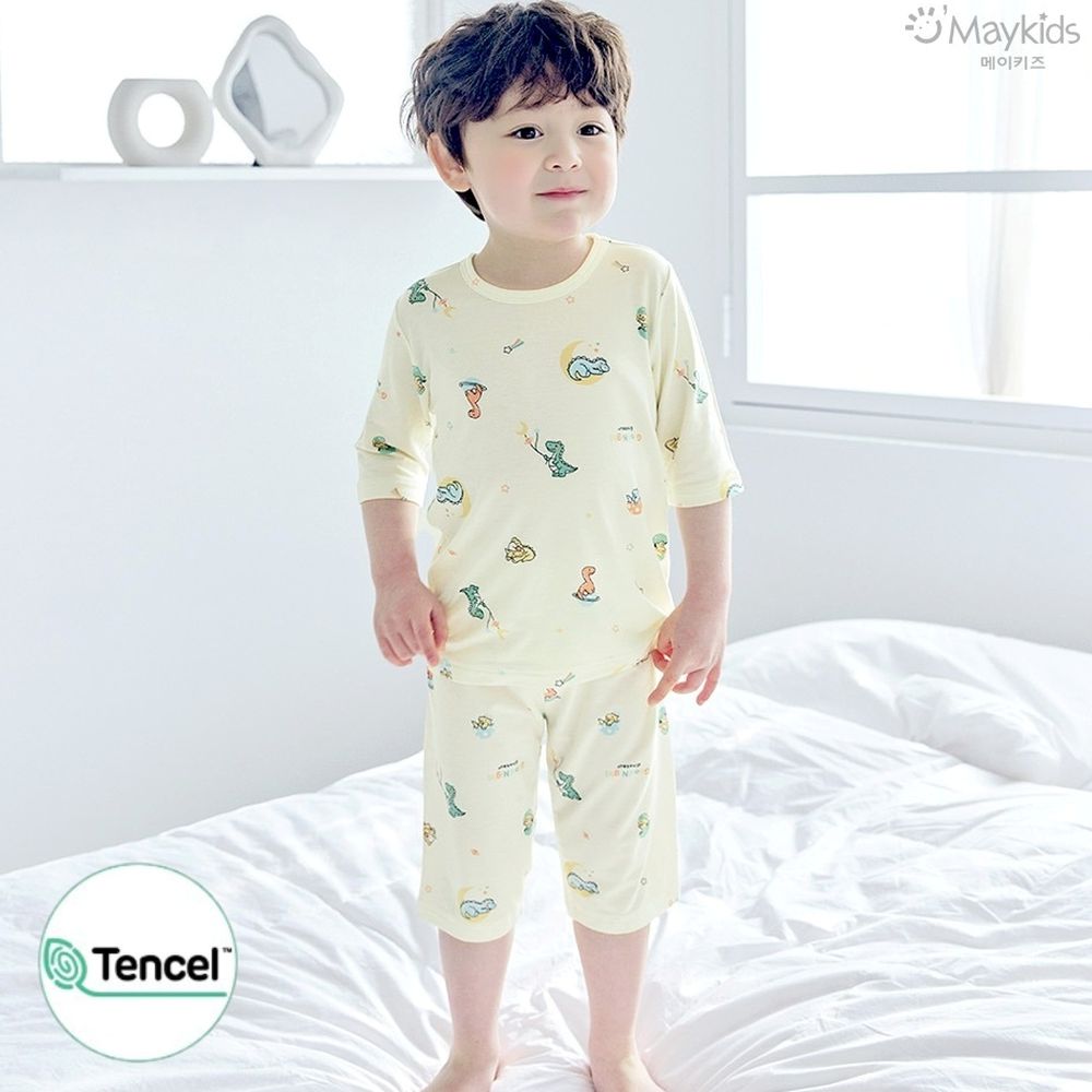 天絲莫代爾透氣七分袖家居服-夢鄉小恐龍-米黃