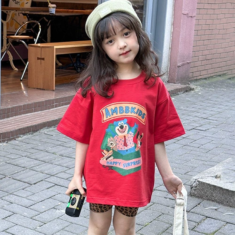 手繪風美式休閒純棉短袖上衣-紅色