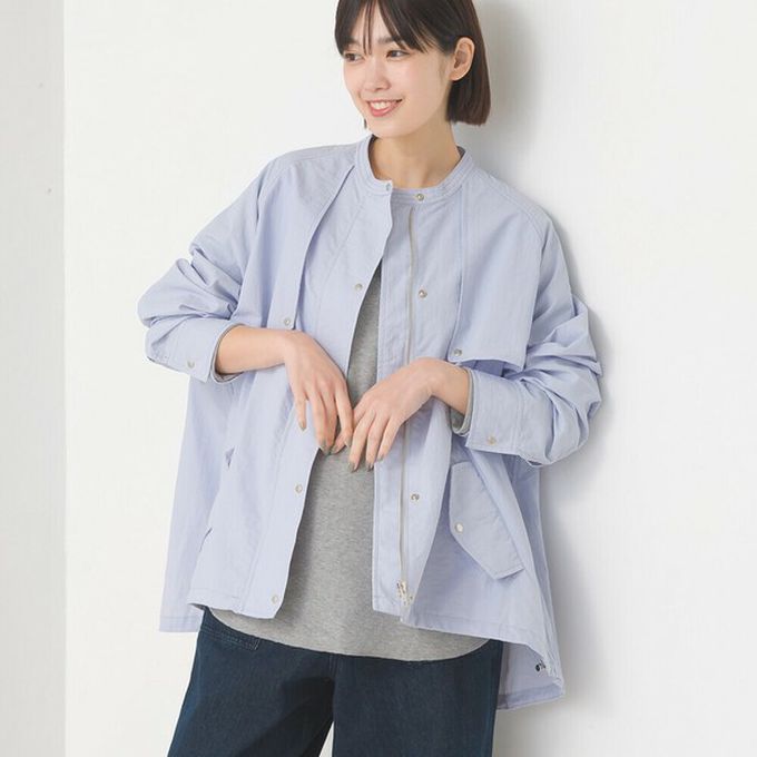 日本 OMNES - 潑水加工 輕量尼龍抽繩造型圓領外套-水藍