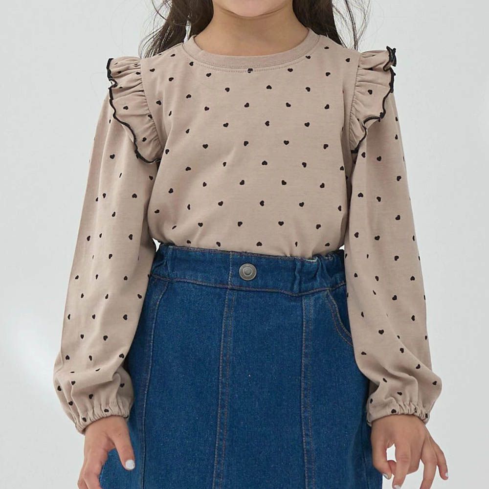 100%棉 浪漫荷葉肩滿版印花長袖上衣-愛心-淺棕