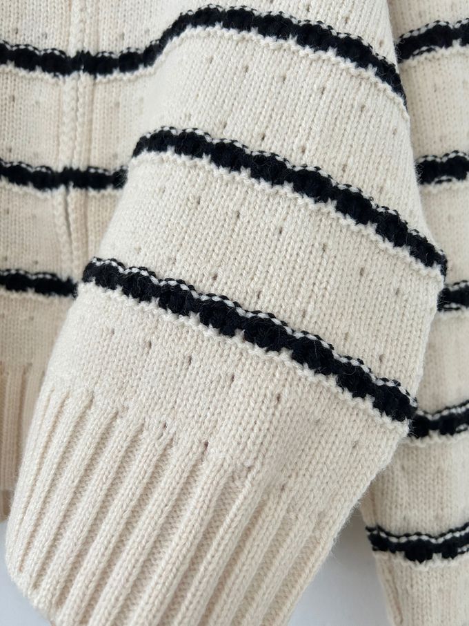 韓國女裝連線 - 勾線條紋針織翻領外套-黑底X米白 (FREE)