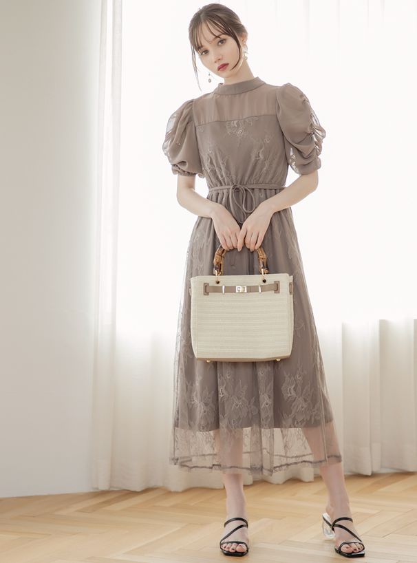 日本 GRL - 仿竹把手編織紋梯形手提包/側背包-摩卡 (F)