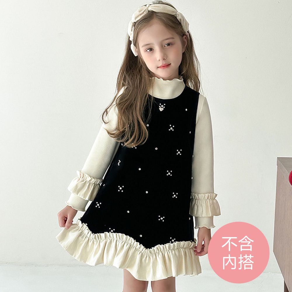 精緻珍珠亮鑽背心裙(不含內搭長袖)-荷葉下襬-黑色