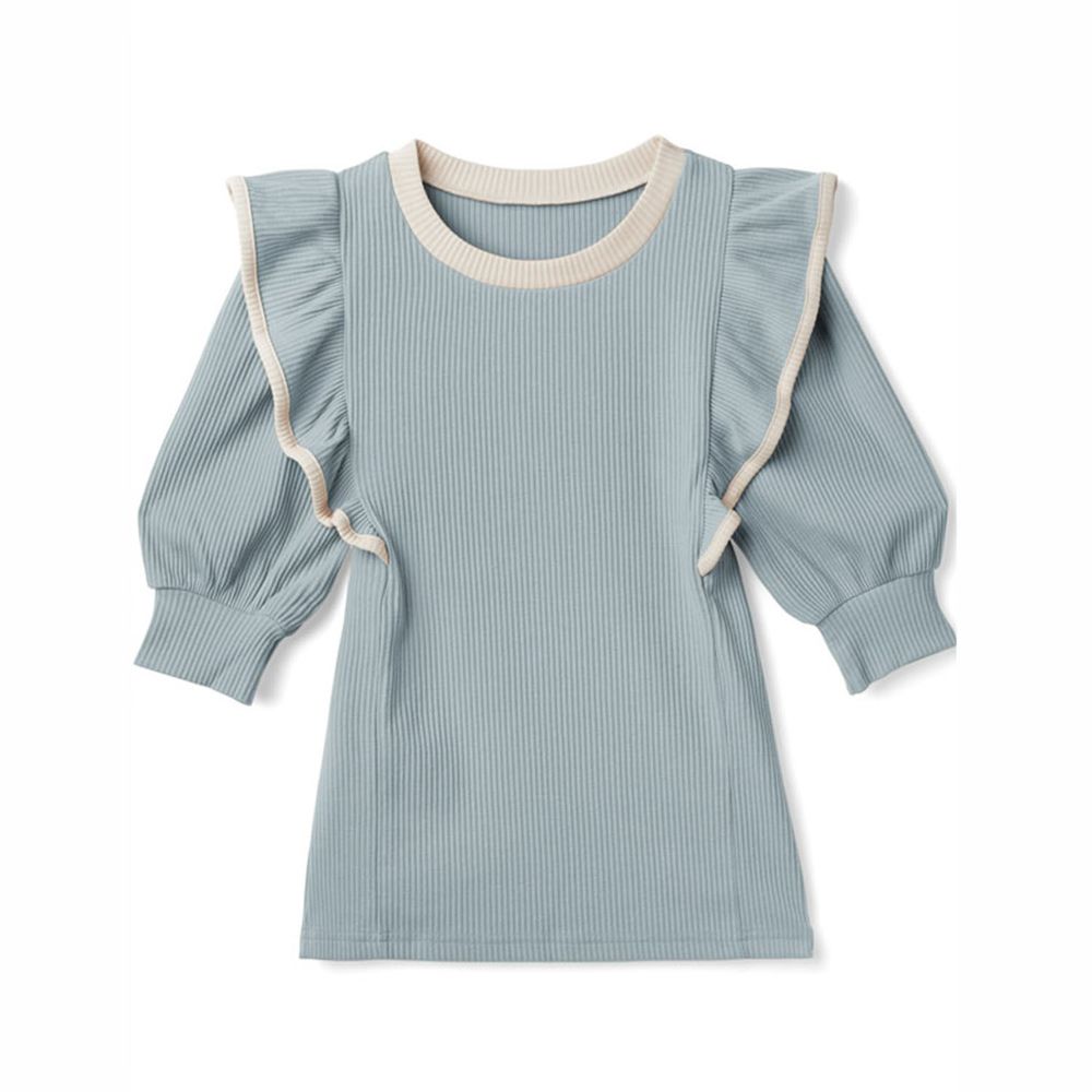 日本 GRL - 配色設計荷葉邊五分袖羅紋上衣-寶貝藍