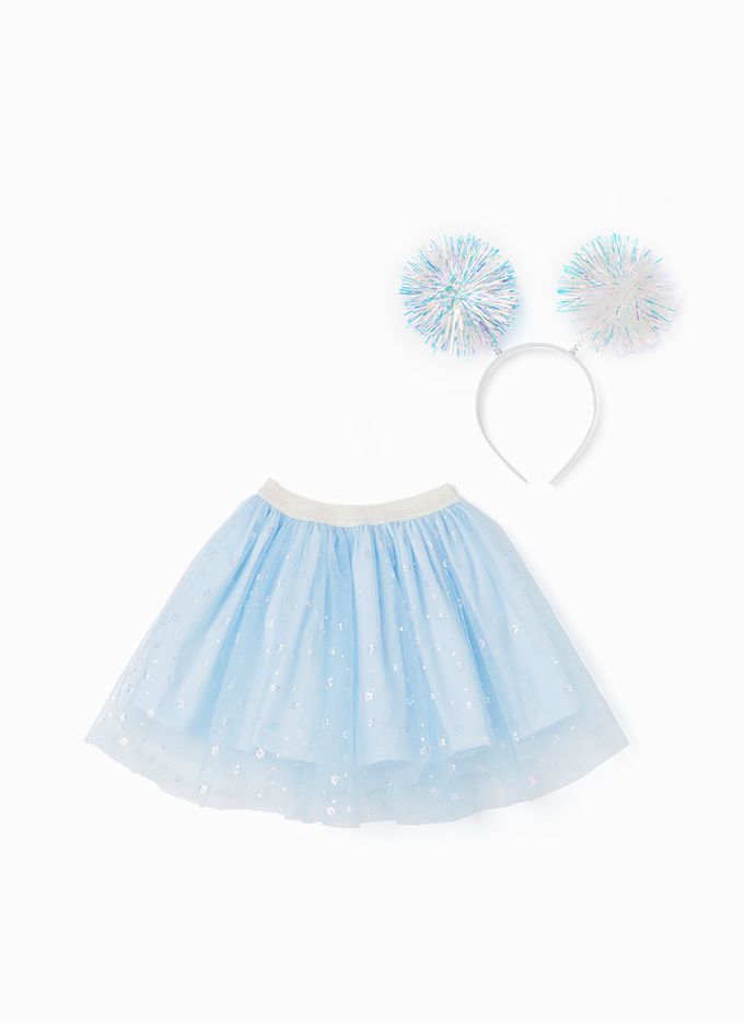 韓國 OZKIZ - (附髮箍)鬆緊腰雪花亮片網紗裙-天空藍