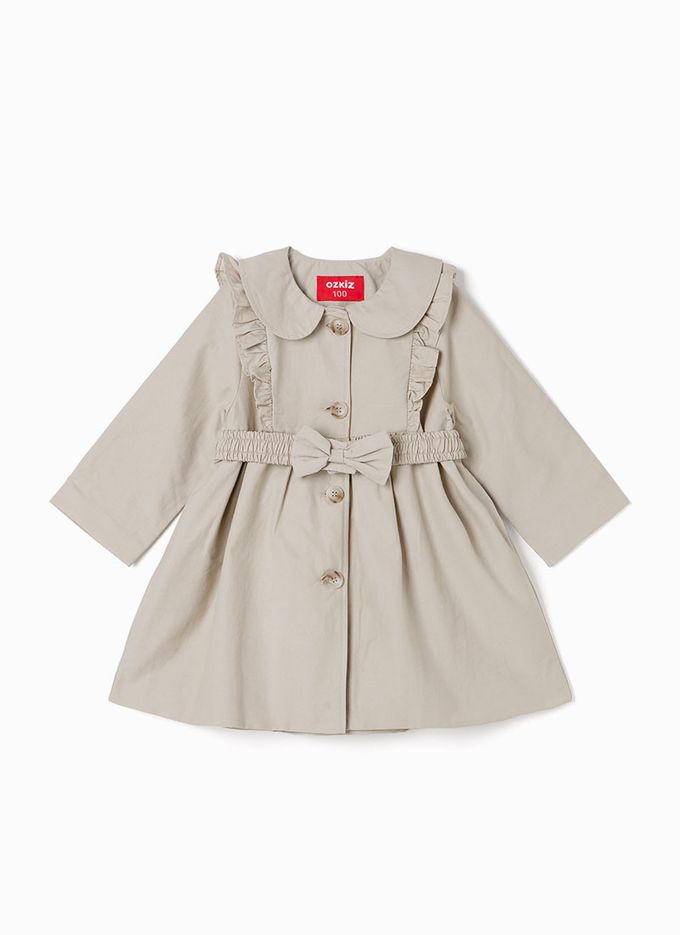 韓國 OZKIZ - 氣質裝飾腰帶長版風衣外套-卡其