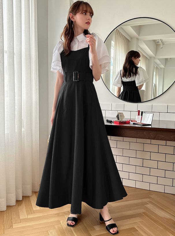 日本 GRL - 優雅修身寬腰帶吊帶裙/洋裝-淺米杏