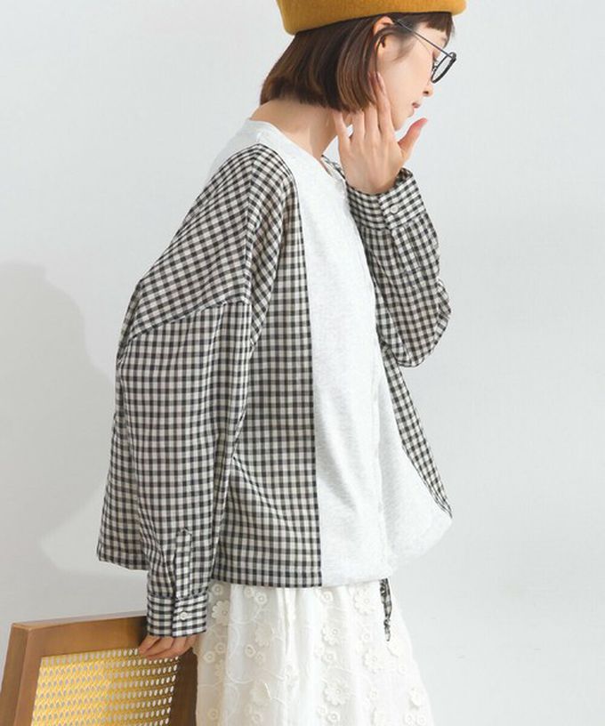 日本 Lupilien - 可愛格子拼接裏毛休閒襯衫-淺灰x紫