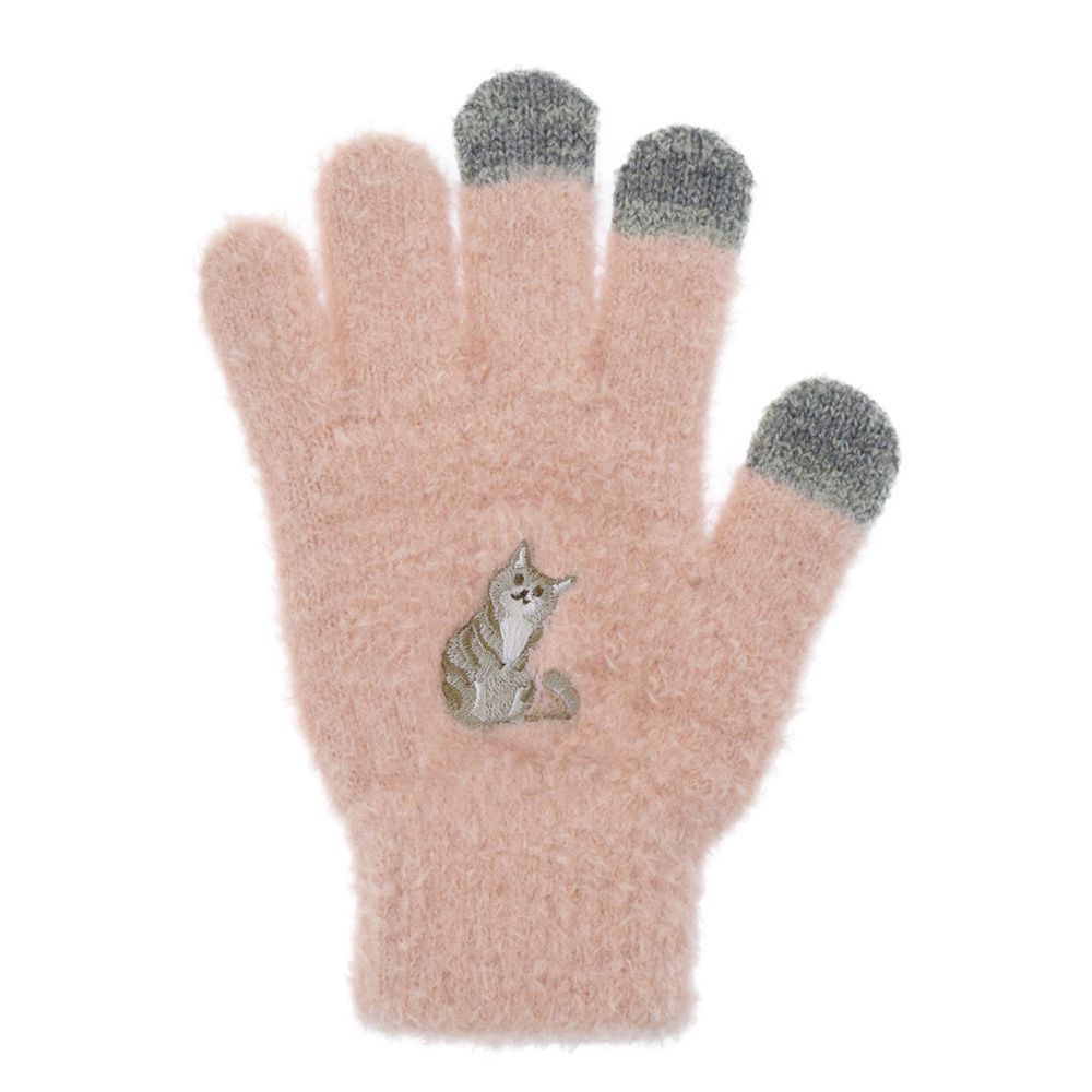 日本 TOMO - (大人)可觸控可愛動物毛絨保暖手套-小灰貓-粉紅