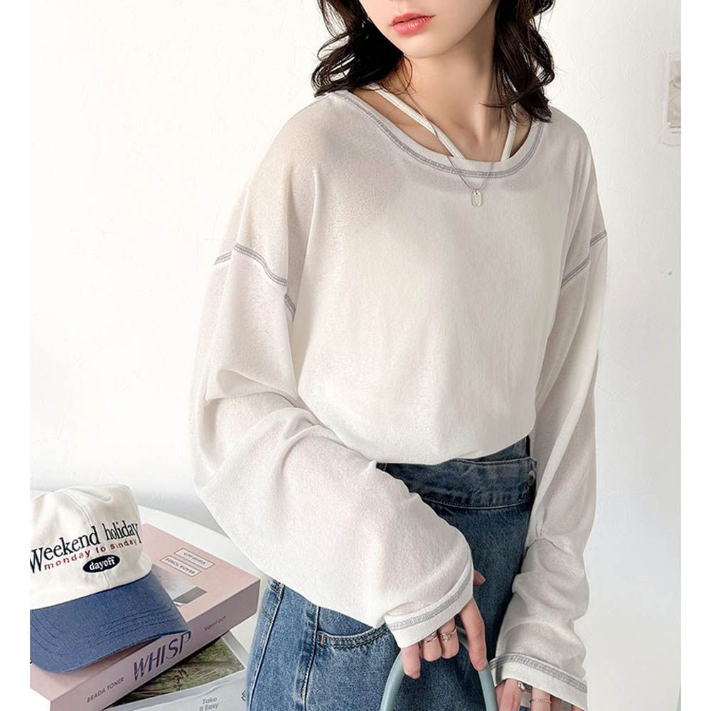 透膚感配色線條薄長袖上衣-白