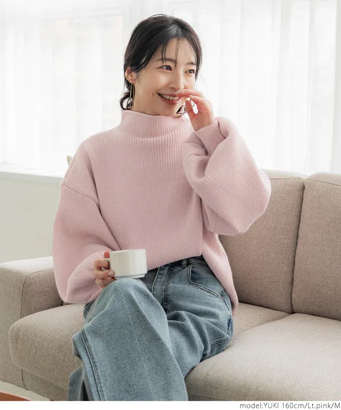 日本 COCA - 舒適修身立領羅紋毛衣-淺粉