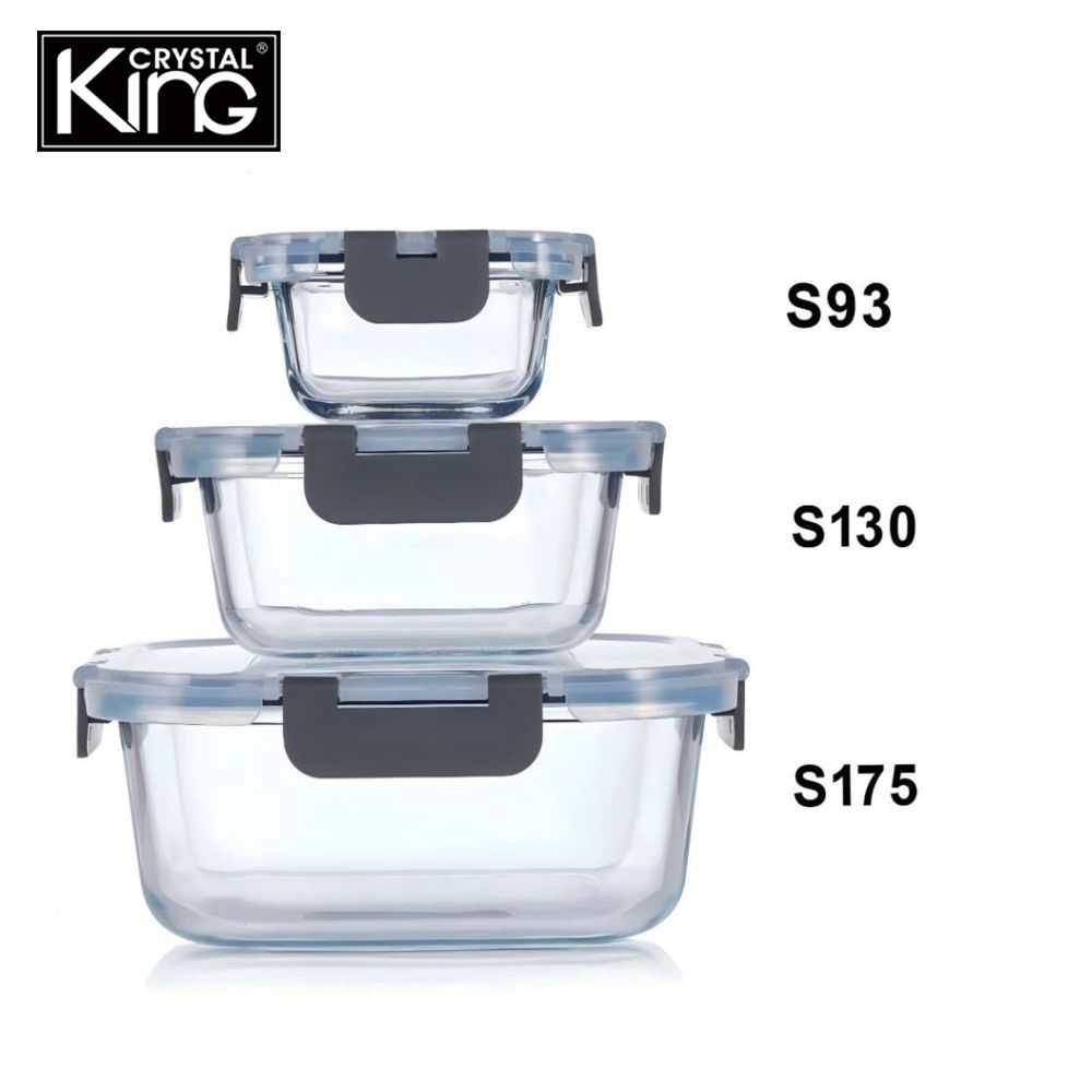 耐熱玻璃保鮮盒-正方形(1230ml*1+525ml*1+160ml*1)-S175 + S130 + S93