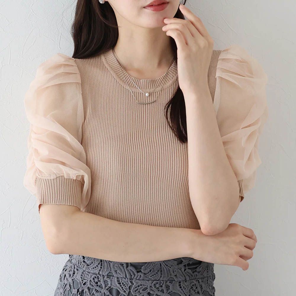 夢幻皺摺薄紗拼接五分袖上衣-粉杏 (M)