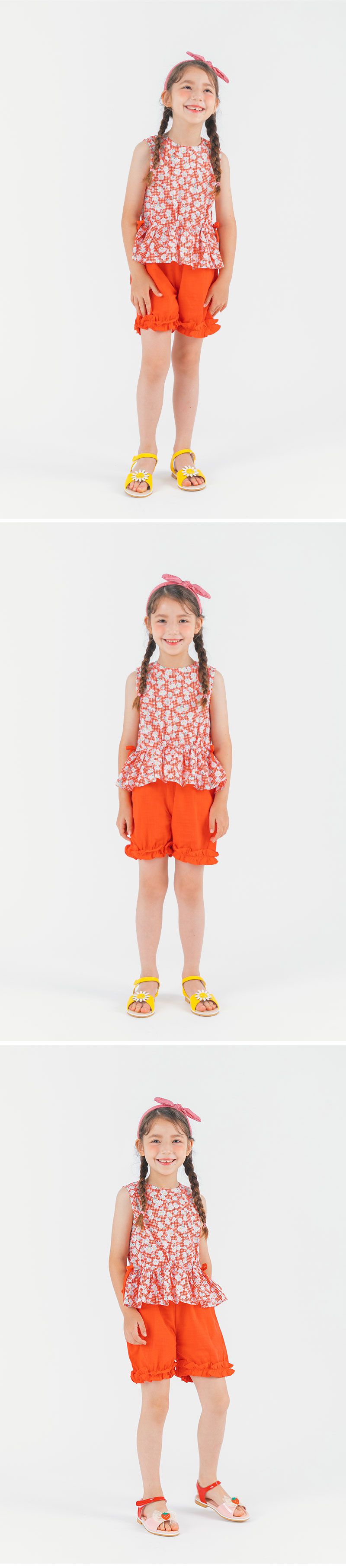 韓國 OZKIZ - 紅格子小白花無袖套裝