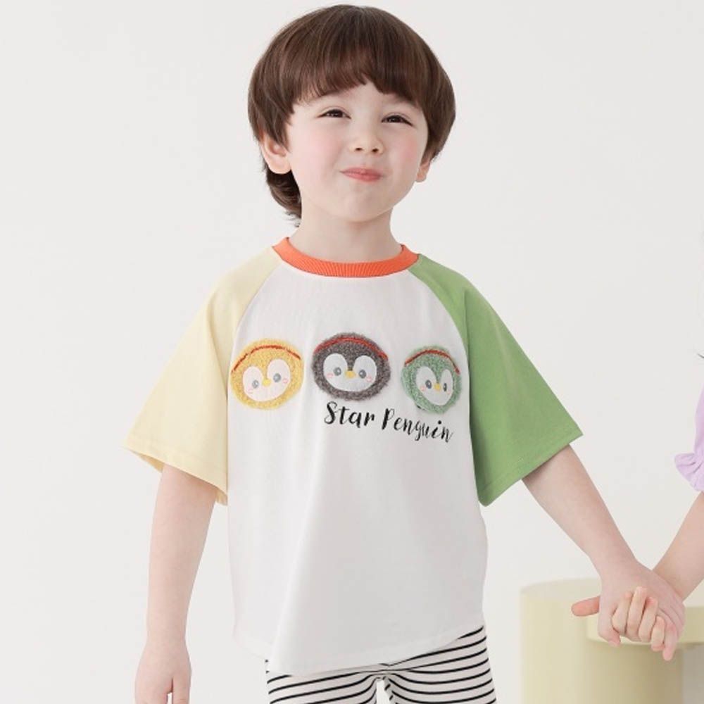 萌萌毛絨企鵝撞色短袖上衣-淡黃X豆綠